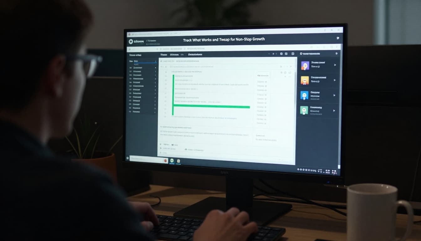 Over-the-shoulder view of a data analyst reviewing an engagement dashboard on a large monitor displaying abstract charts for time on page and comments, set on an office desk with a coffee mug. Cinematic composition with strong contrast, depth, and dramatic lighting focused on data insights.
