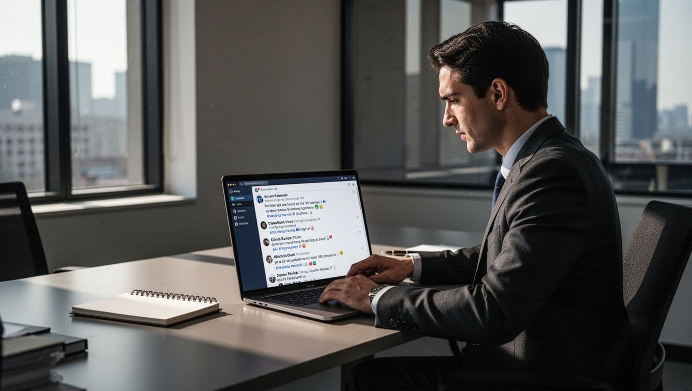 One person at a desk in a modern office, laptop open to social media competitor pages with comments visible at an angle, focused expression, notebook nearby, cinematic style with strong contrast, depth, and dramatic lighting.