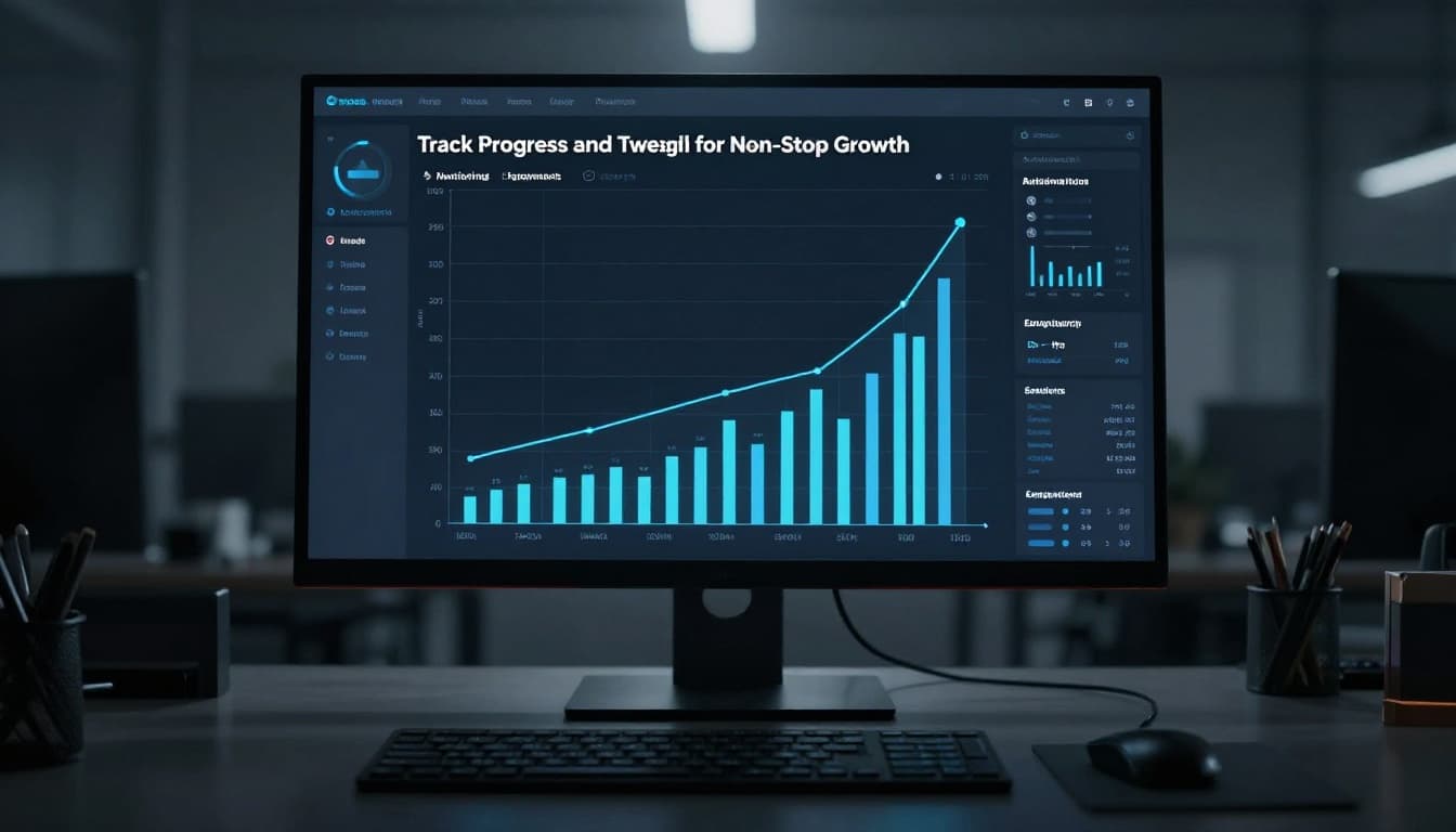 Analytics dashboard on a large monitor displays rising audience growth charts, retention metrics, and engagement bars in modern office dark mode with mouse and keyboard, cinematic style featuring strong contrast, dramatic backlighting, and monochromatic blue-gray palette.