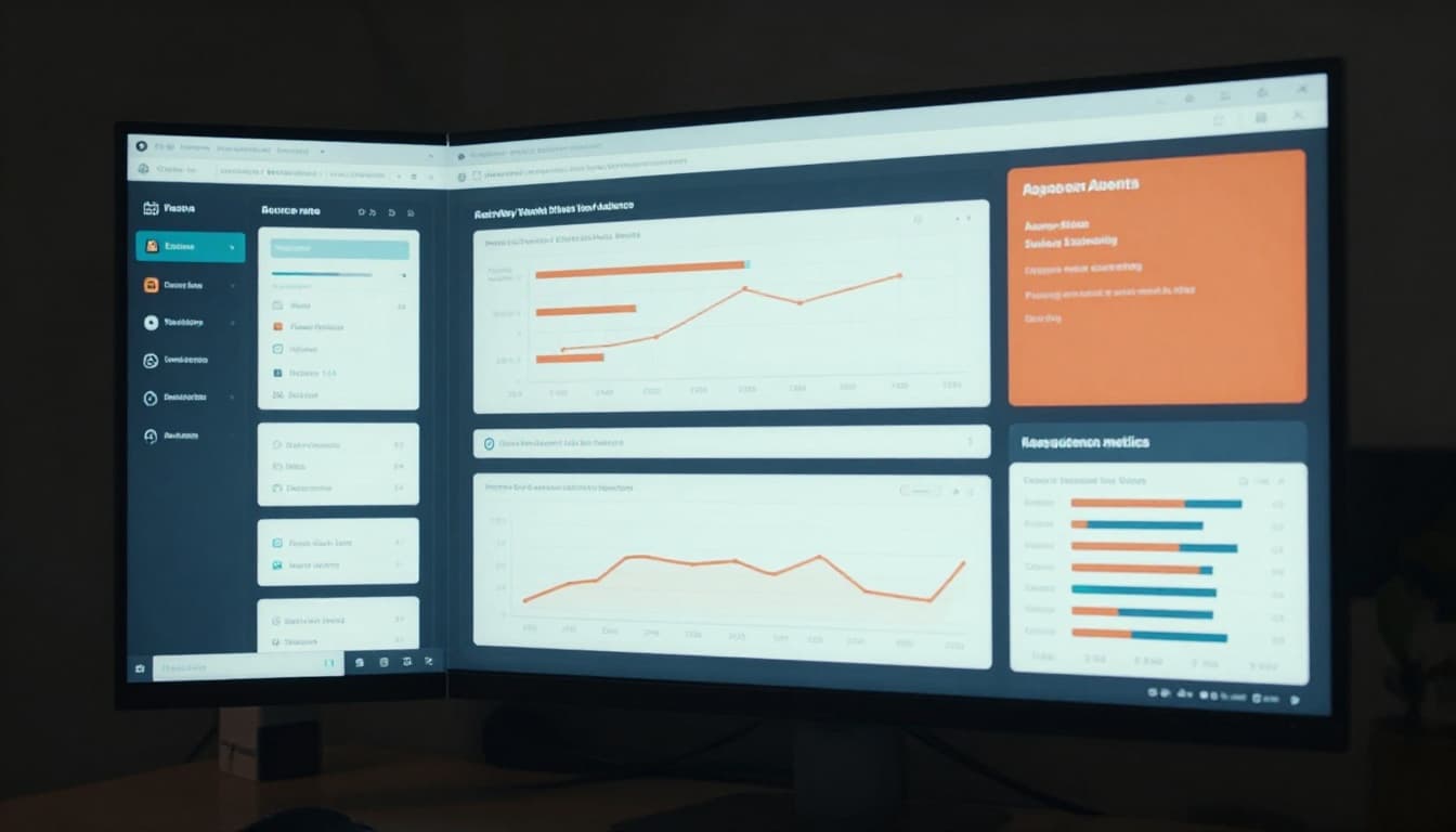 Cinematic dashboard interface mockup on a large monitor in an office setting, displaying metrics like engagement rate, bounce rate, and audience segments with dramatic side lighting and muted blue-orange tones.