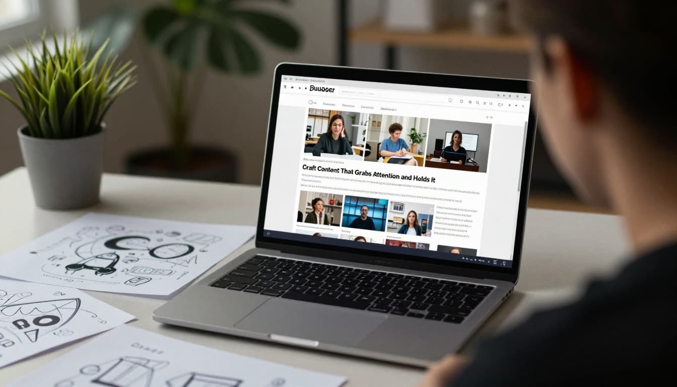 A dynamic blogger edits content on a laptop surrounded by graphics sketches and short video clips on the screen in a modern workspace with plants, emphasizing creative flow in a cinematic style.