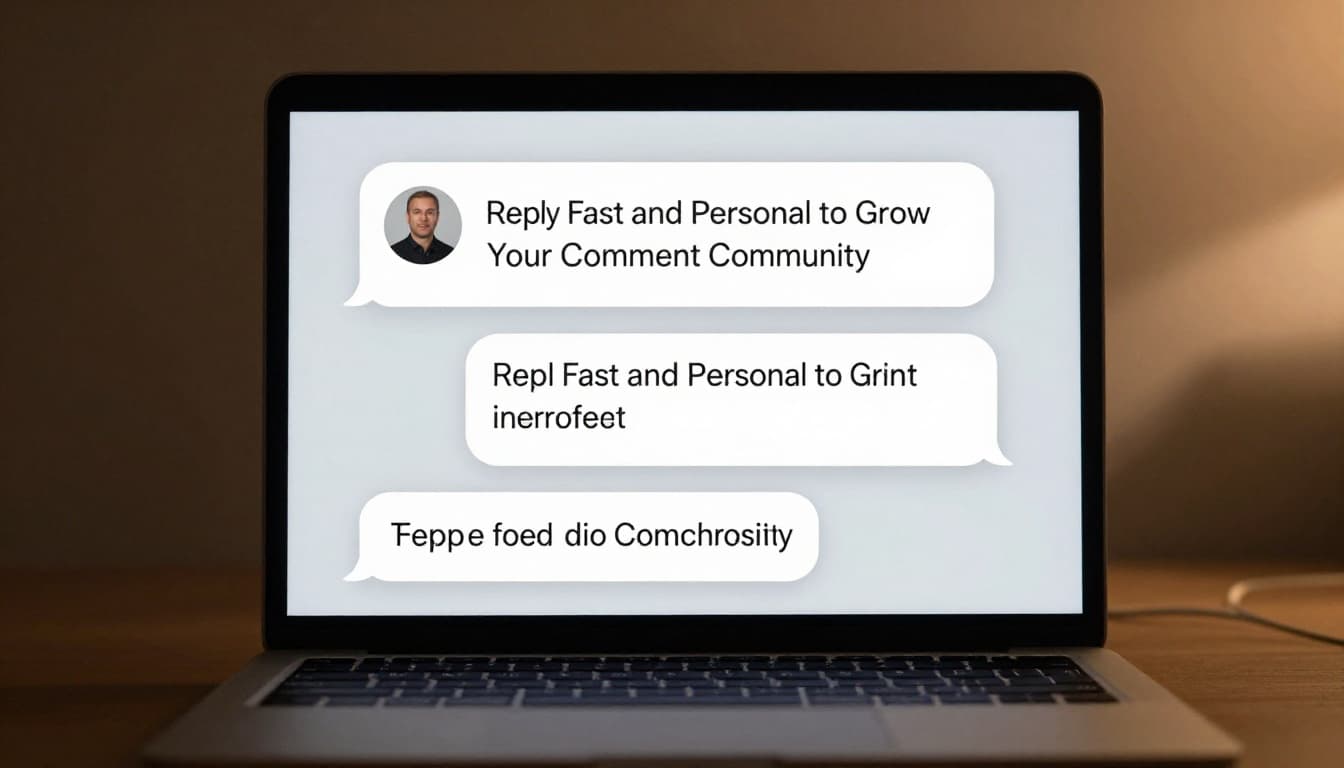 Laptop on desk displaying two chat bubbles representing a blogger replying to a reader comment, with soft evening light through window, cinematic style, strong contrast, dramatic lighting, warm earthy tones.