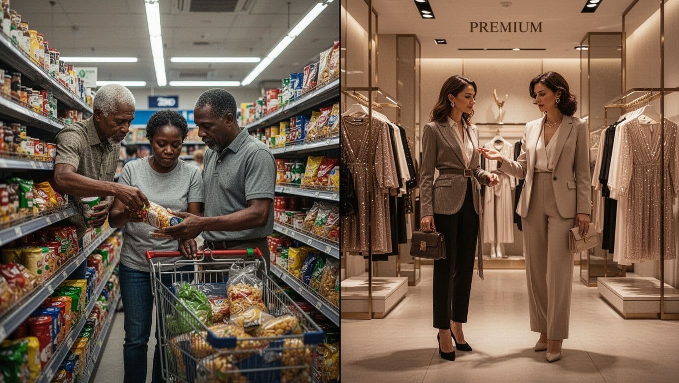 Split landscape showing low-income family checking grocery prices in supermarket aisle left, premium shoppers browsing luxury fashion in boutique right; strong cinematic contrast illustrating sales block differences.