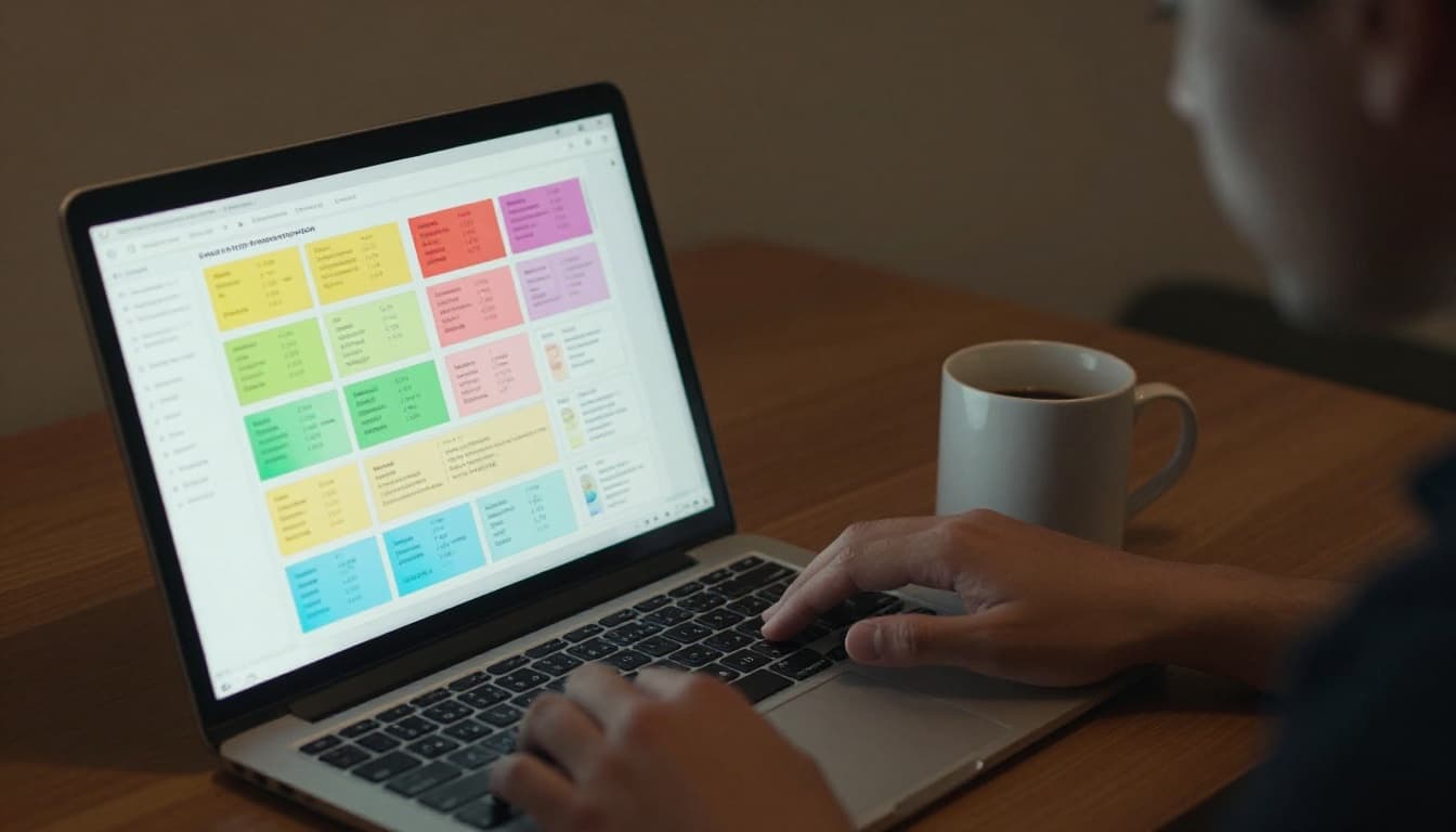 A focused business analyst sits at a desk, reviewing colorful audience demographic charts on a laptop screen angled towards the viewer, with a coffee mug nearby and hands relaxed on the desk. Cinematic style featuring strong contrast, depth, dramatic window lighting, warm earth tone background, muted palette, and medium line weight.
