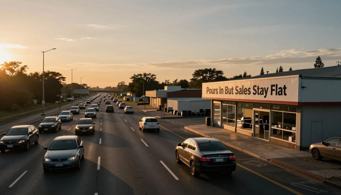 Busy highway overflowing with cars rushing toward a deserted storefront with an empty cash register, illuminated by dramatic sunset lighting casting long shadows. Wide landscape emphasizes contrast between heavy traffic and store emptiness.