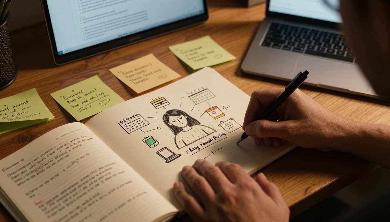 A cluttered wooden desk displays colorful sticky notes with customer quotes, a hand-drawn illustration of a mid-30s working mom persona surrounded by laptop, phone, and calendar icons, an open laptop showing blurred survey data, and a notebook with search query scribbles under warm dramatic lighting.