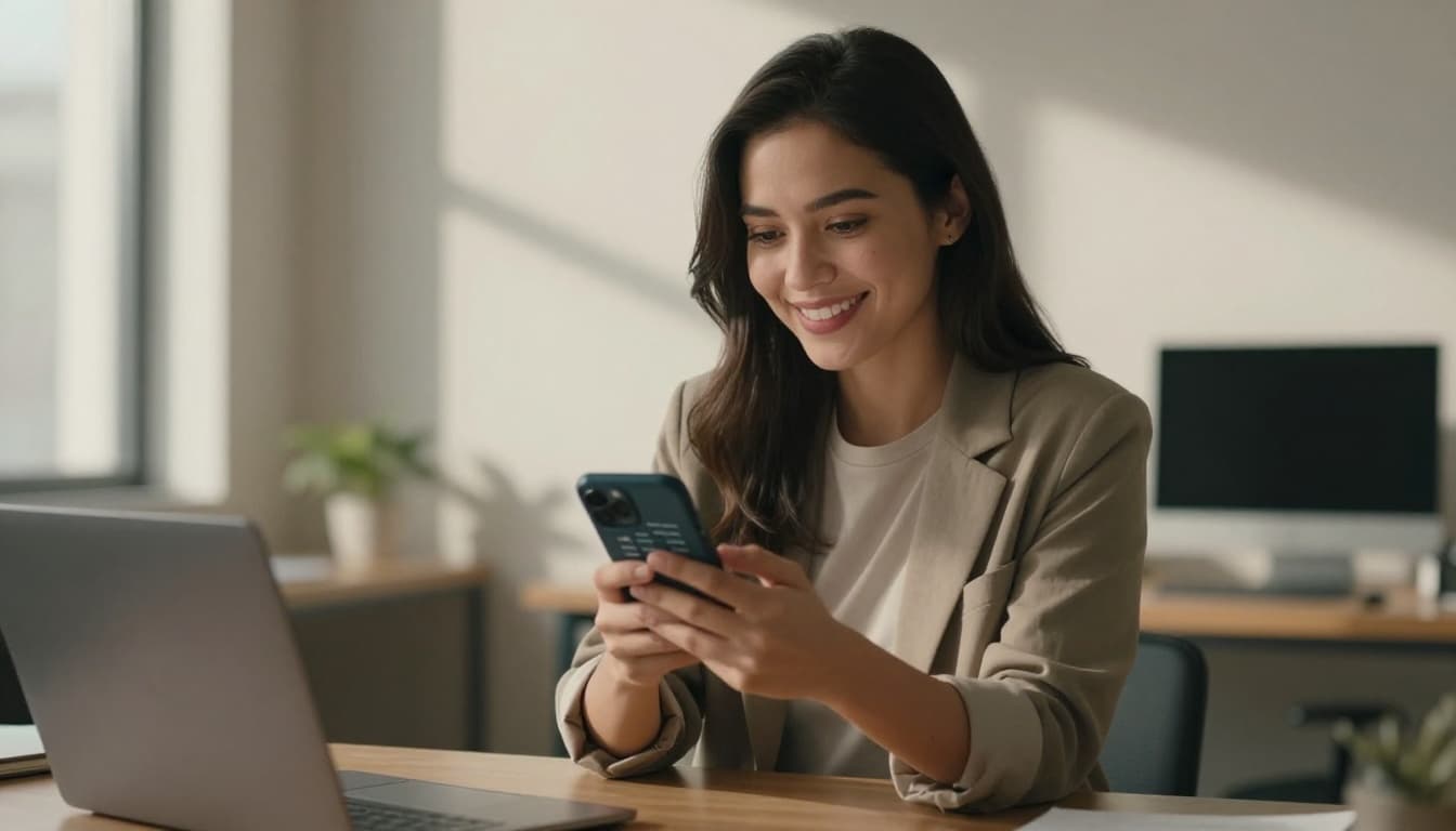 Confident young professional woman in casual office holding phone with infographic, smiling as if sharing a smart tip, natural window light, strong contrast shadows, cinematic depth, muted earthy tones, high detail realism.