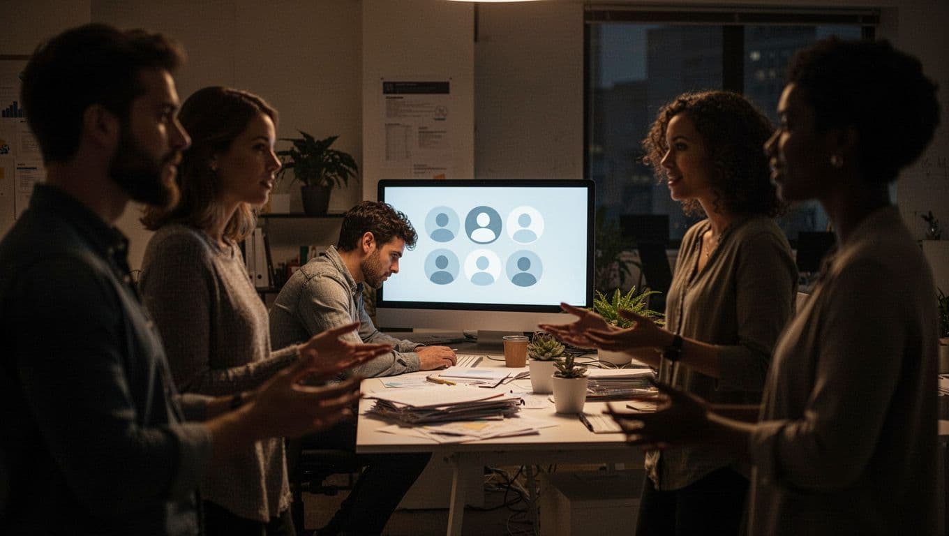 Confused marketer at cluttered desk in dimly lit office stares at screen showing blurred simplistic guessed personas with age and income labels, contrasted by foreground blurred silhouettes of diverse real people in lively natural conversations, cinematic style with dramatic lighting and strong contrast.