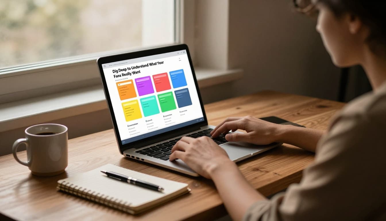 A focused content creator at a modern desk views colorful poll results graph on a laptop, with coffee mug and notebook nearby, in cinematic style with dramatic window lighting and warm earthy tones.