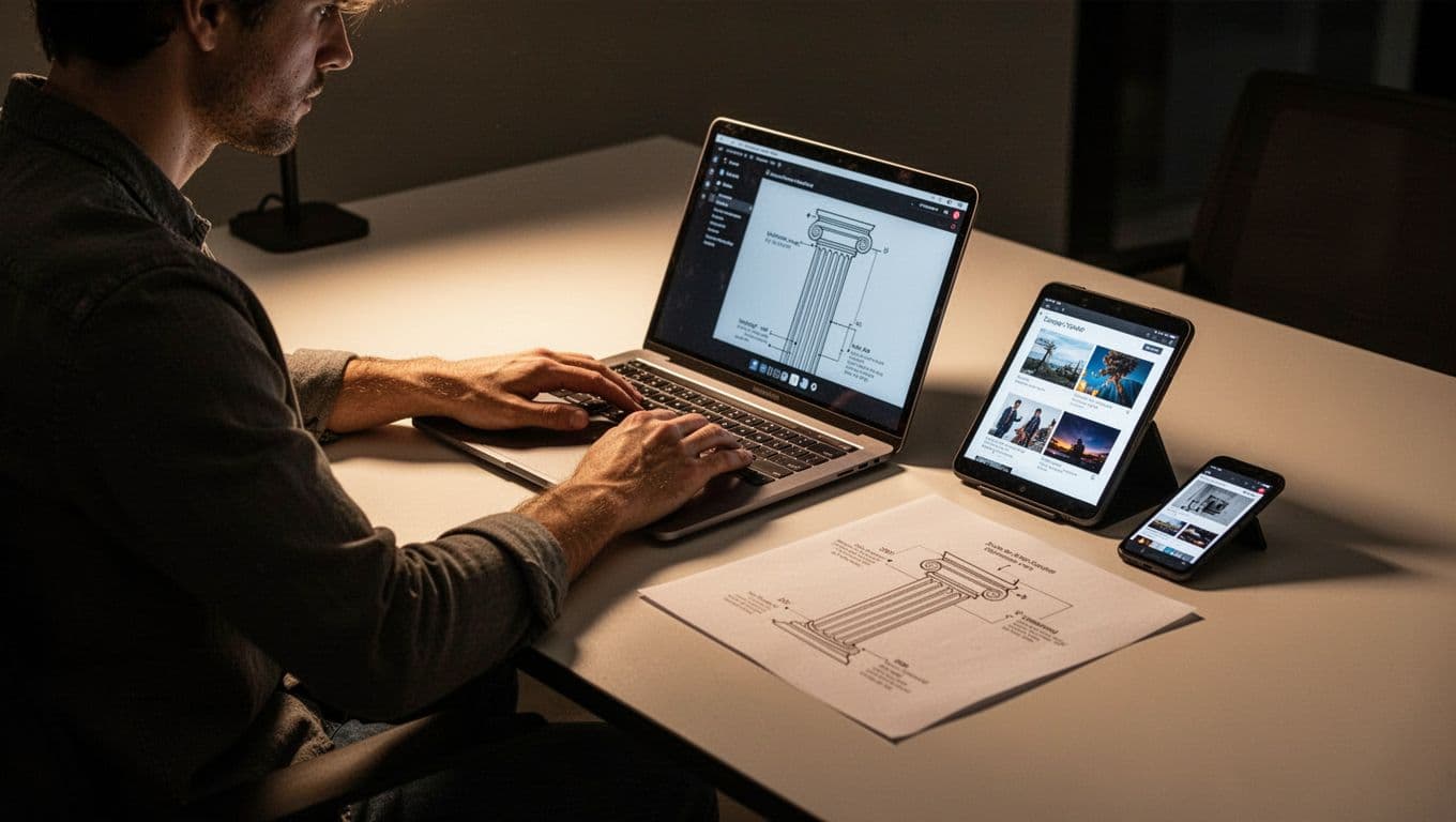 A content creator at a modern desk surrounded by a laptop displaying a video player, tablet showing podcast waveform, phone with quiz interface, all linked to a central pillar diagram on paper. Warm dramatic lighting, strong contrast, depth of field, and cinematic style with exactly one person.