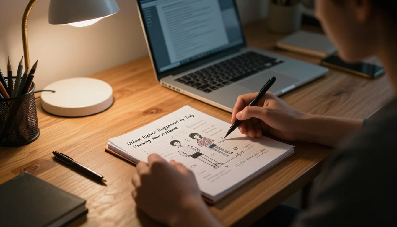 A focused content creator at a wooden desk in a cozy home office sketches audience persona notes on paper, with a laptop nearby and warm desk lamp lighting. Cinematic close-up on hands and notes with strong contrast and dramatic lighting.