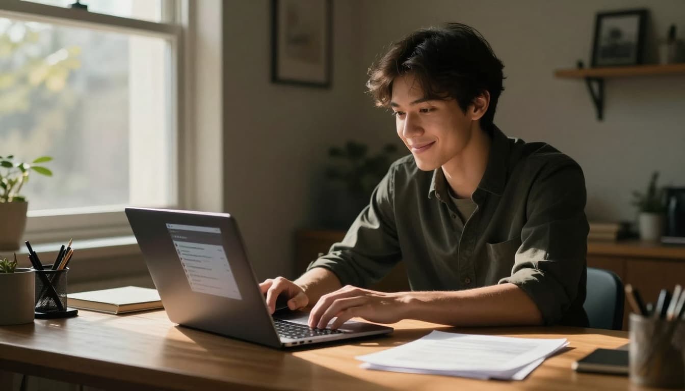 Content creator sitting at a wooden desk in a cozy home office with soft window light and dramatic shadows, laptop open to blurred social media feed of comments and polls, relaxed hand on mouse, thoughtful smile, cinematic style with warm tones.