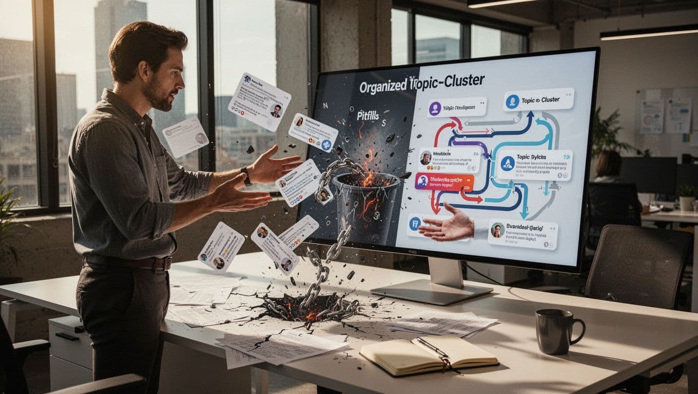 A professional content marketer in a modern open office examines a digital screen showing chaotic random posts falling into pitfalls contrasted with organized topic cluster paths, surrounded by scattered papers and broken chains symbolizing failed strategies.