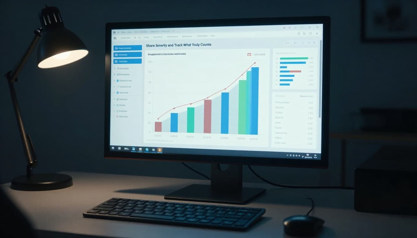 A computer monitor displays an analytics dashboard with rising charts tracking engagement, conversions, and ROI metrics, accompanied by a keyboard and mouse in a dark room lit by blue screen glow and a desk lamp for dramatic cinematic effect.