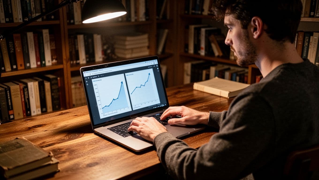 An editor sits focused at a desk in a cozy study with bookshelves, typing on a laptop displaying a split-screen before-and-after content refresh where graphs rise dramatically. Cinematic composition with strong contrast, depth, and overhead lighting highlights the process.
