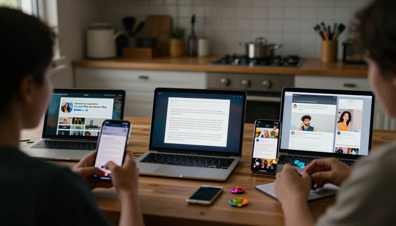 A person in a relaxed pose at a vibrant kitchen table repurposes a blog post into social media snippets on a phone and tablet, with colorful blurred pins and reels visible. Wide cinematic composition with strong contrast, depth, and dramatic lighting captures multi-device sharing.