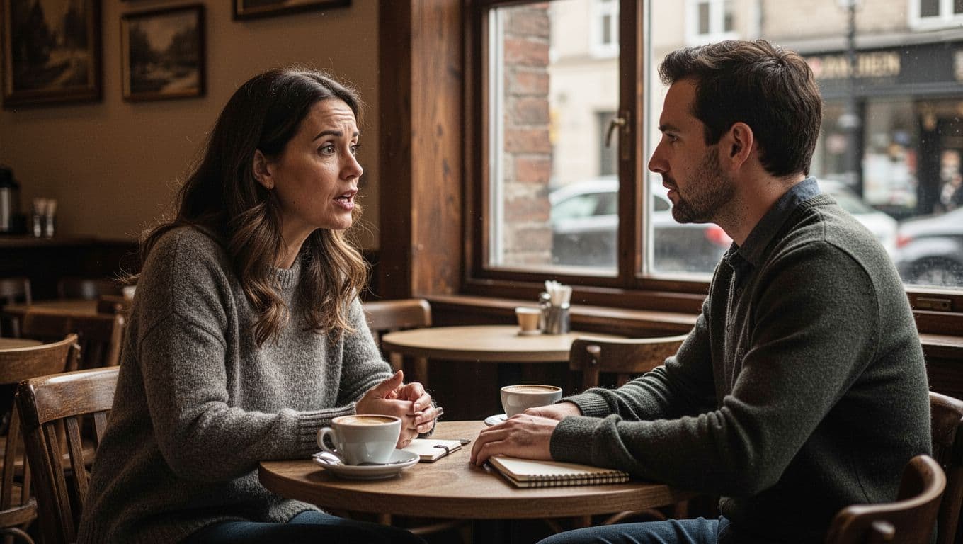 A woman speaks expressively during a one-on-one interview at a cozy cafe table, while a man listens attentively and takes notes on a notepad, surrounded by coffee cups in soft window light and cinematic dramatic lighting.