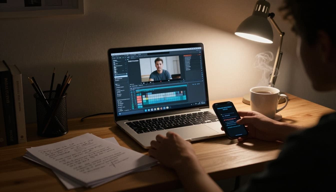 Cozy home office desk at evening with blurred laptop showing video editing software, scattered script pages with story notes, propped smartphone for recording, steaming coffee mug, and focused desk lamp creating cinematic shadows and depth.
