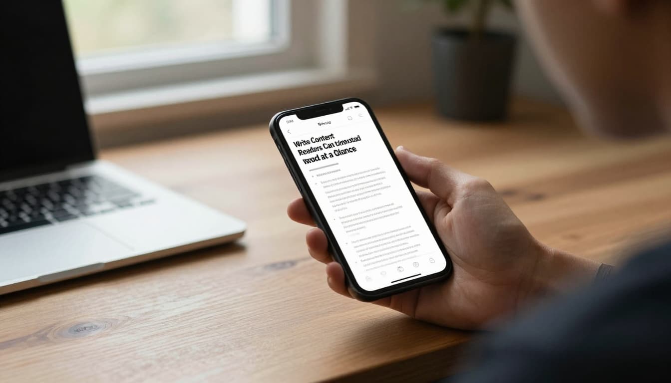 A person sits relaxed at a wooden desk in a cozy home office, holding a smartphone displaying a clean, scannable blog post with short paragraphs, bold headings, and bullet points. Natural daylight from window illuminates the cinematic scene with strong contrast and depth of field.