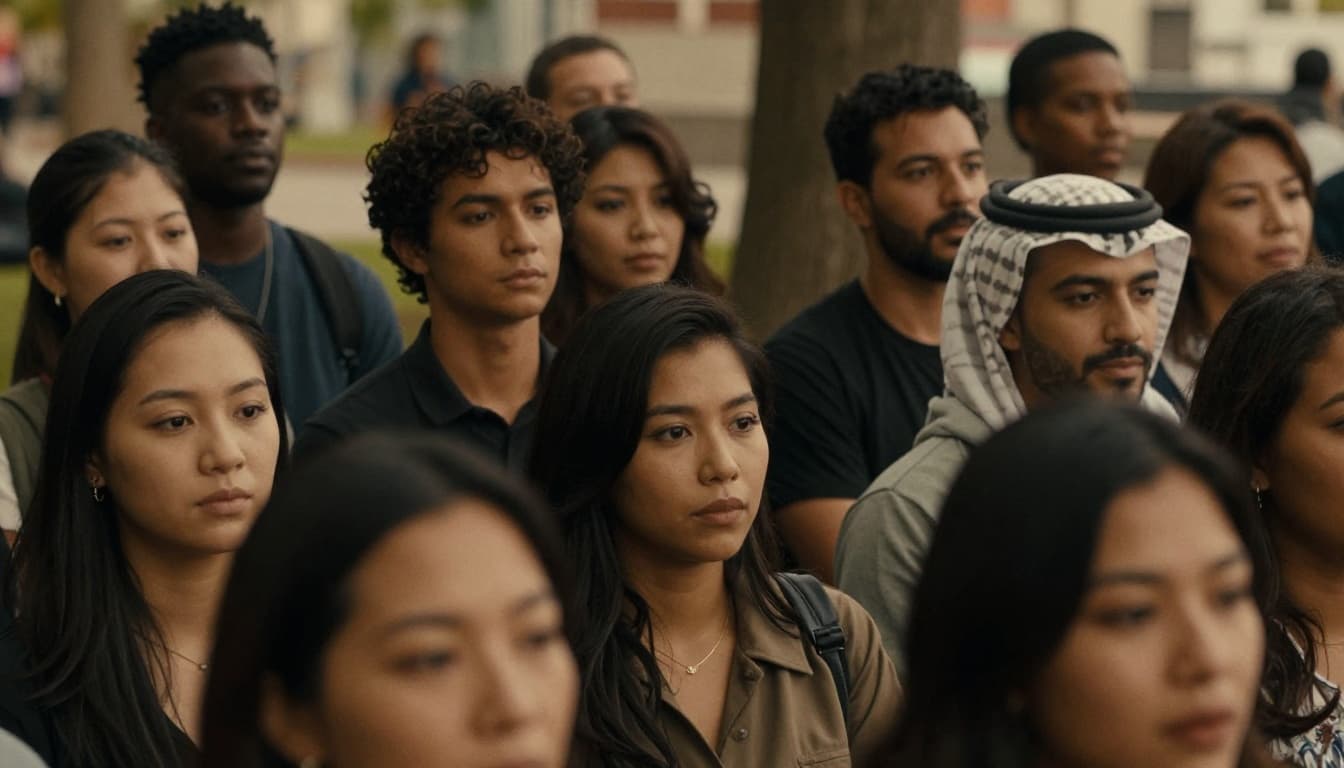 Close-up of three diverse people from different demographics interacting in a modern urban park, cinematic style with dramatic lighting and warm earthy tones.