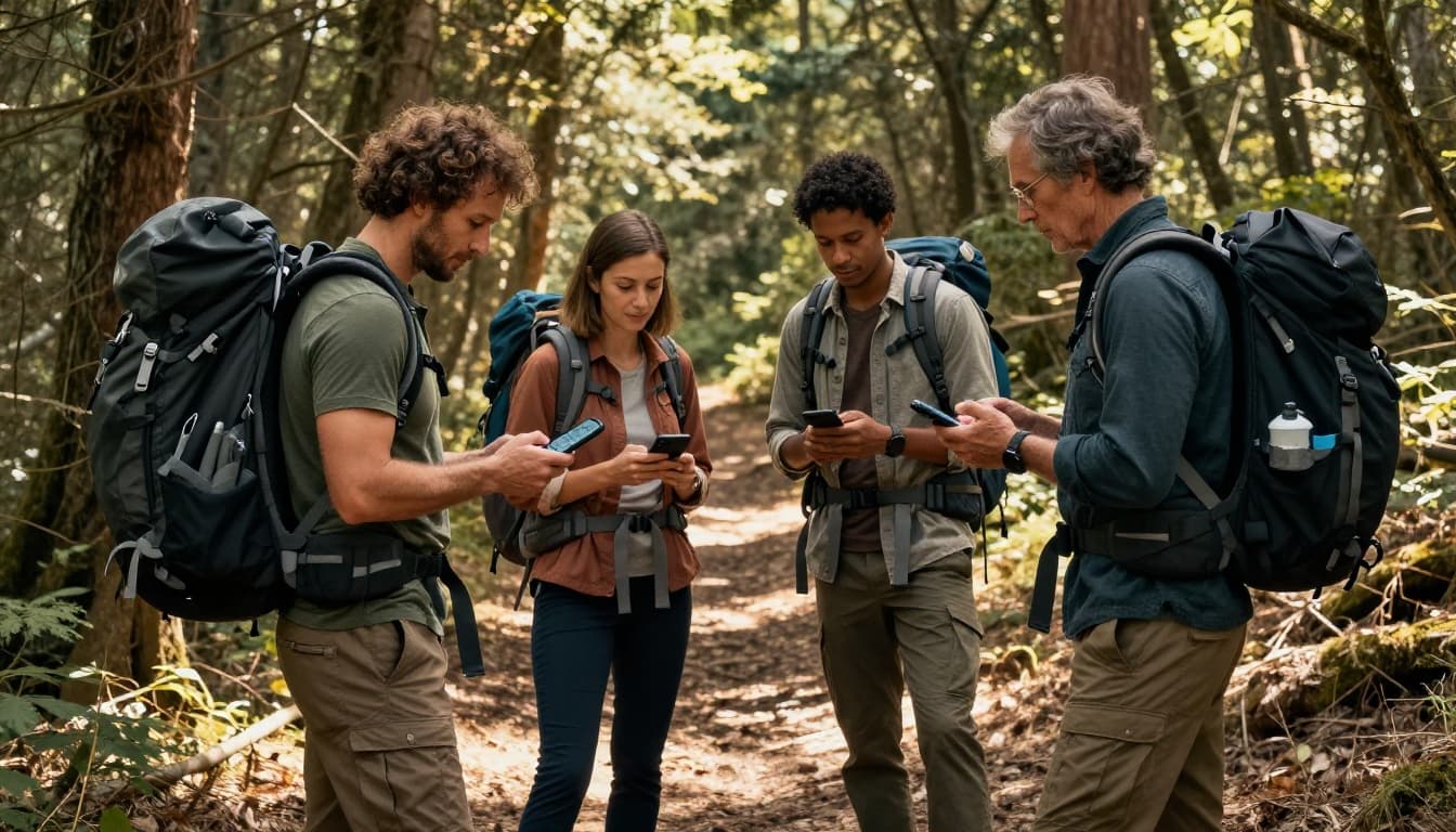 A diverse group of four hikers aged 30-45, two men and two women with backpacks, relaxed and interacting naturally while checking a hiking app on a phone along a sunny forest trail. Cinematic style features strong contrast, depth, dramatic sunlight through trees, warm earth tones, and muted palette.