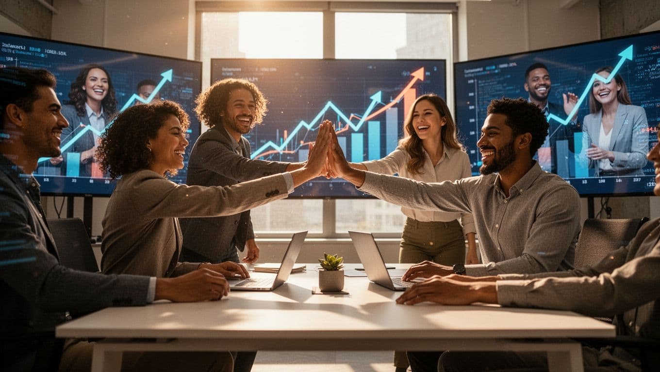 Three diverse marketers in a modern office high-fiving around a desk with screens showing upward sales graphs and happy customer icons, illustrating success from deep audience understanding.