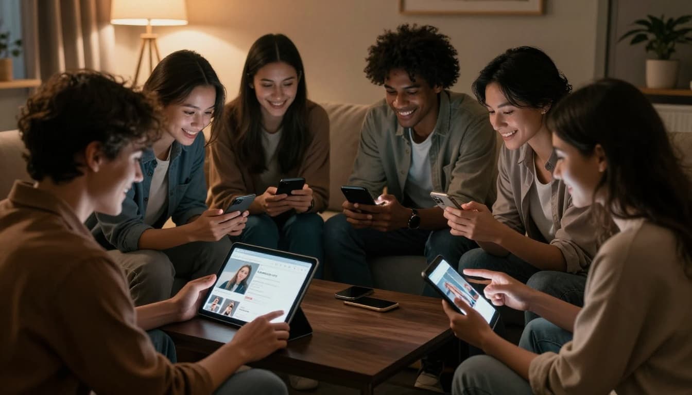 A diverse group of 4-5 young adults gathered closely in a modern cozy living room, smiling and pointing at screens on shared tablets and phones while engaging with social media content. The scene features warm ambient lighting, cinematic style with strong contrast and depth of field focusing on faces and devices.
