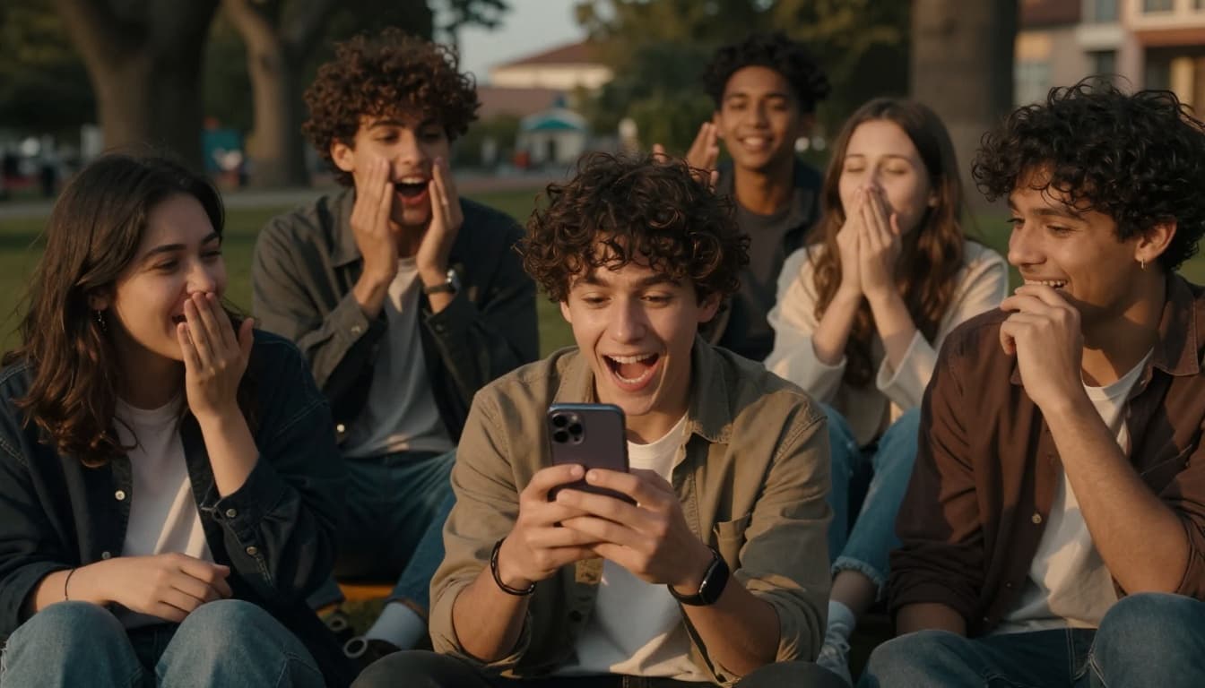 Three friends in a vibrant park react with joy and surprise as one laughs at a short video on a phone, golden hour lighting, cinematic style with muted earthy tones and high realism.