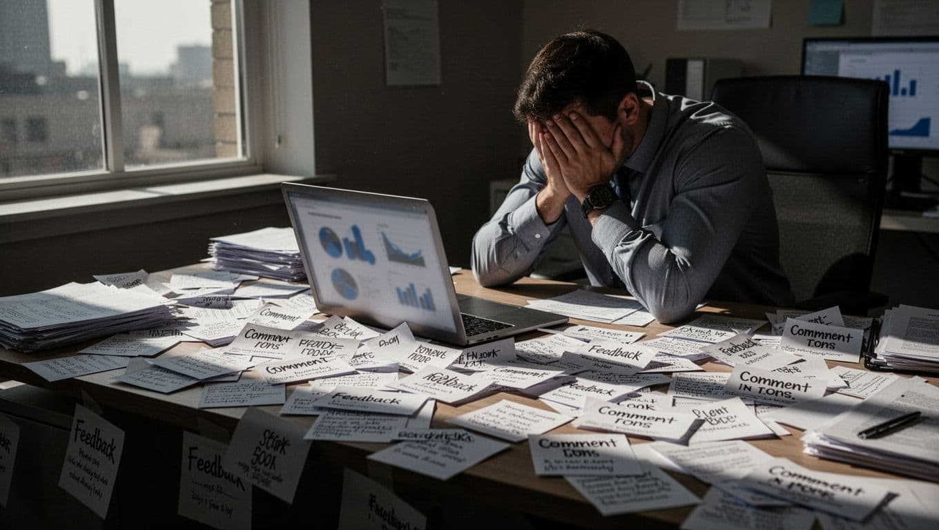 Cluttered office desk piled with scattered feedback notes and comment cards, a single frustrated marketer sitting with head in hands staring at laptop screen showing survey results, cinematic style emphasizing isolation and confusion.