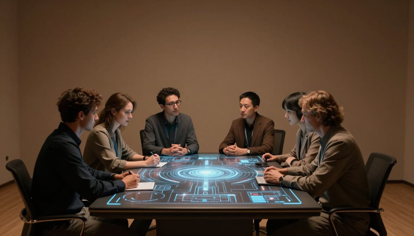 Futuristic conference room scene with AI holographic interface and exactly four people discussing around a digital table, cinematic style with dramatic lighting, strong contrast, depth, and warm earthy tones.