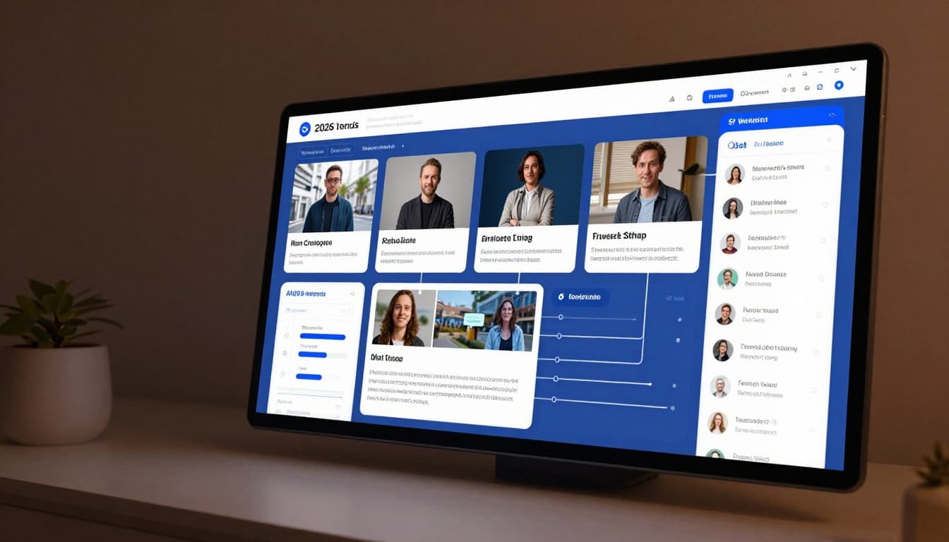 Futuristic AI dashboard personalizing ad content for different user profiles on multiple devices with abstract data flows connecting profiles, clean angled interface, cinematic style featuring strong contrast, depth, dramatic blue lighting, warm earth background tones, muted palette, no readable text or logos.