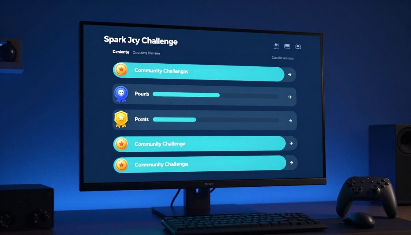 Vibrant digital screen displaying gamification dashboard with progress bars, badge icons, and points counter for a community gaming challenge, featuring a blurred Discord-like interface on a desk near a controller, cinematic lighting in cool blue tones.