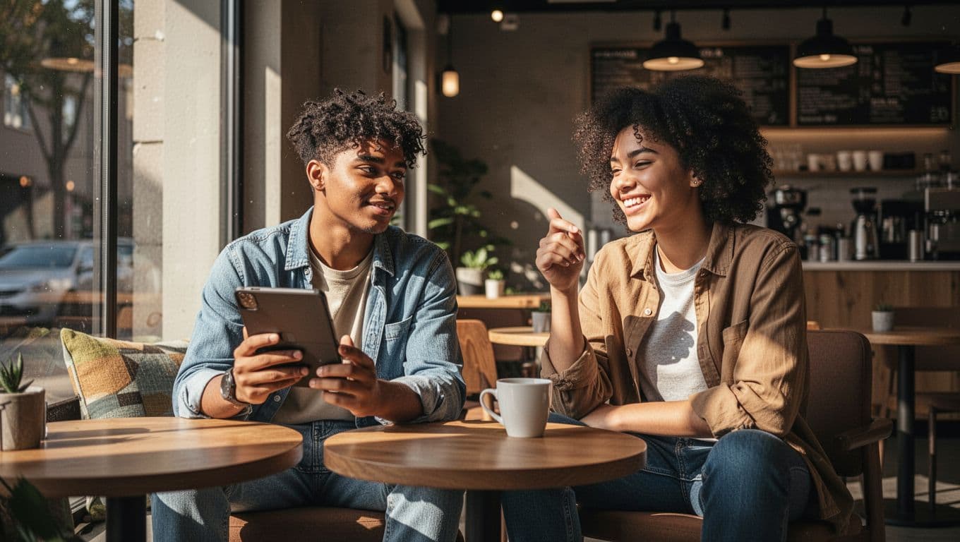 Group of three diverse Gen Z young adults in a modern cozy cafe, one casually holding a phone showing a social media peer story to the others who smile and nod in agreement. Relaxed natural poses in cinematic style with strong contrast from window light, dramatic depth, and warm tones.