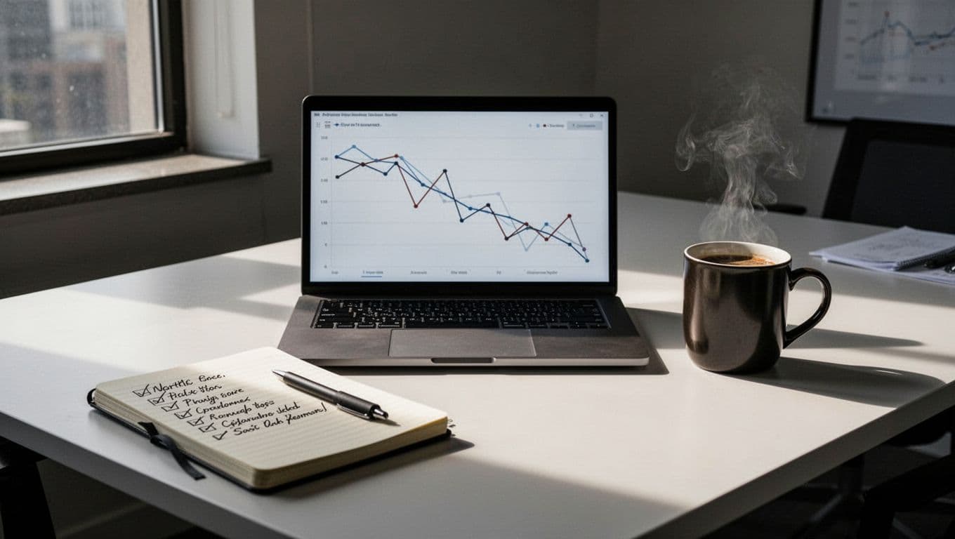 A tidy workspace desk shows a laptop displaying a Google Analytics dashboard with traffic decline graphs, a notebook checklist, and coffee mug in a modern office with dramatic window lighting.