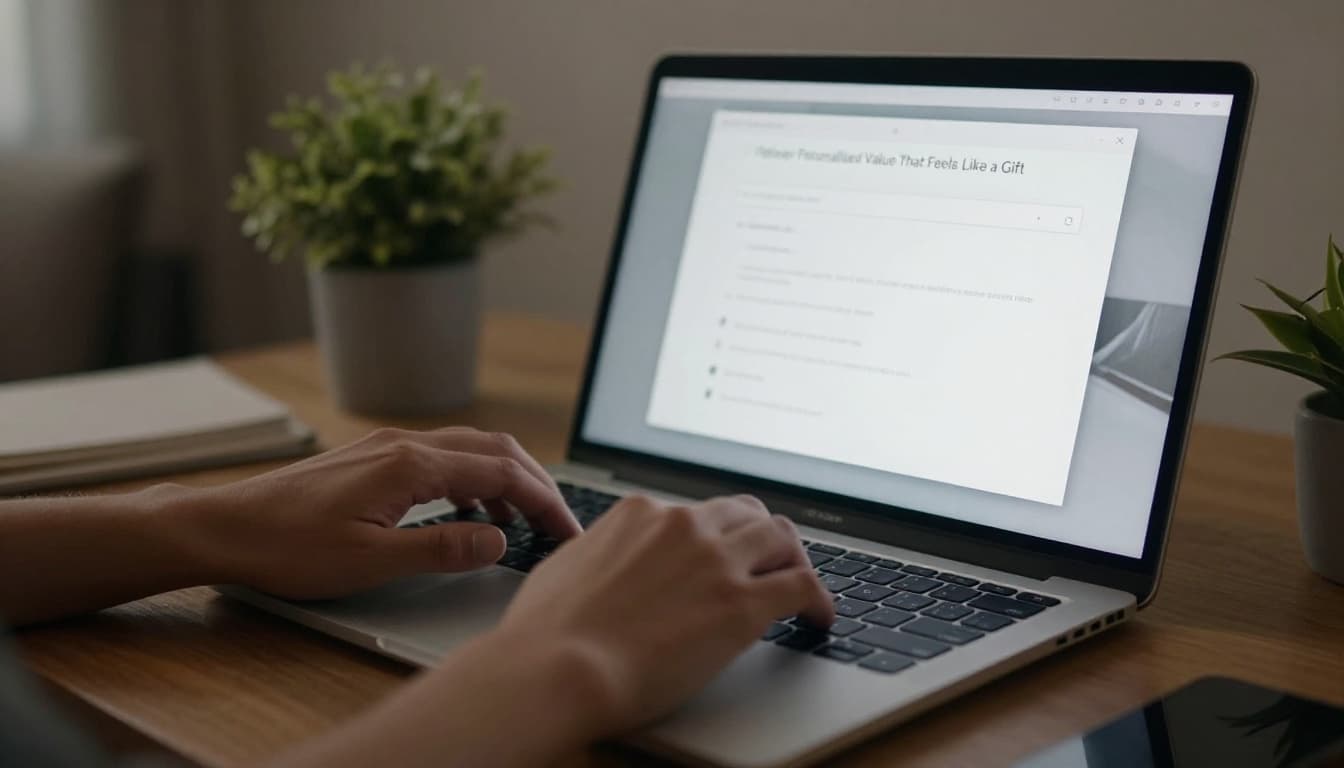 Close-up of hands typing on a laptop to create a personalized email template, with a simple mockup on screen without text, in a cozy home office setting with plants, cinematic style featuring strong contrast, depth, and dramatic side lighting in a warm neutral palette.