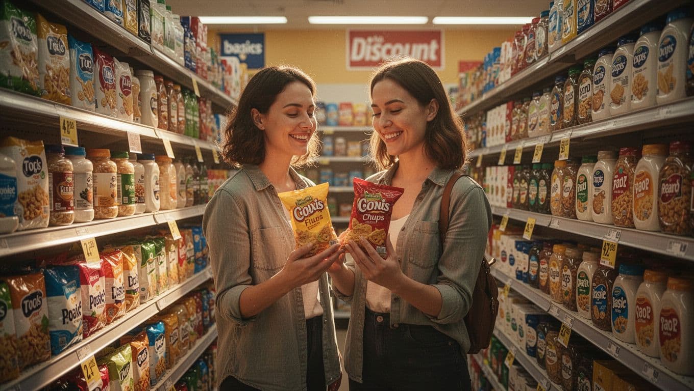 Happy customer in discount store aisle selecting affordable basics like snacks and cleaners from shelves, relaxed pose holding one item, exactly one person, cinematic style with strong contrast, depth, dramatic lighting, warm tones.