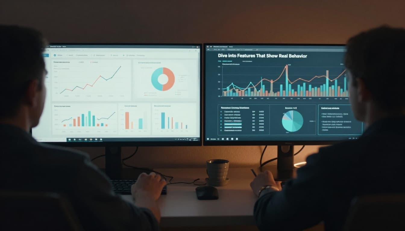 A person in a home office views a split-screen with sentiment analysis charts and trend graphs on one side, and a heatmap on the other, in a relaxed pose with cinematic lighting and muted tones.