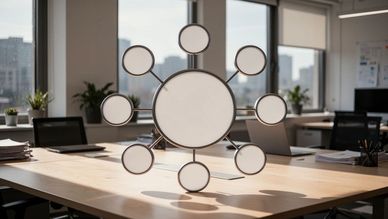 Clean infographic diagram of a topic cluster with a central pillar page circle surrounded by 6-8 smaller supporting content circles connected by internal link lines, set on a light wooden desk in a bright office with cinematic lighting, contrast, and depth.