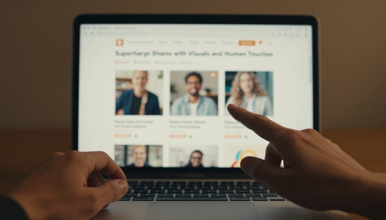 Close-up of a blog post on a laptop screen featuring images and infographics, with hands gesturing towards the screen in a bright professional workspace.