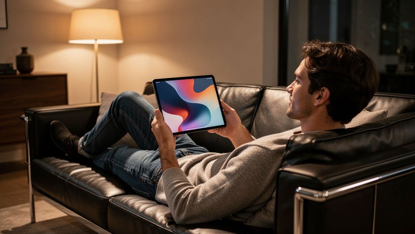 A single person lounges relaxed on a couch in a modern living room, holding a tablet horizontally to view the comments section below a video thumbnail at an angle, with no visible screen text, in warm lamp light and cinematic style featuring strong contrast, depth, and dramatic lighting.