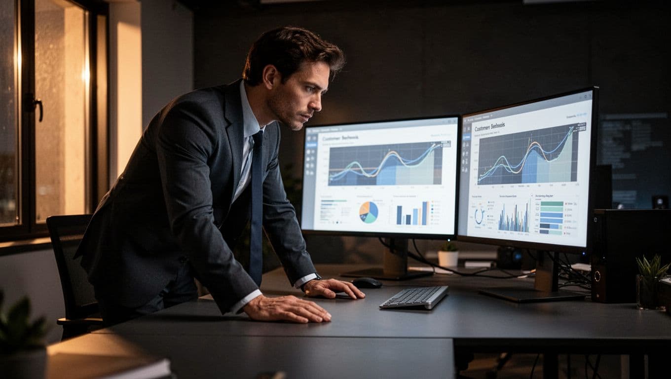 In a modern dimly lit office, a thoughtful marketer leans forward at a desk with dual monitors displaying a glowing AI dashboard of customer behavior patterns and personalization recommendations graphs. Cinematic style with dramatic side window lighting and warm tones.