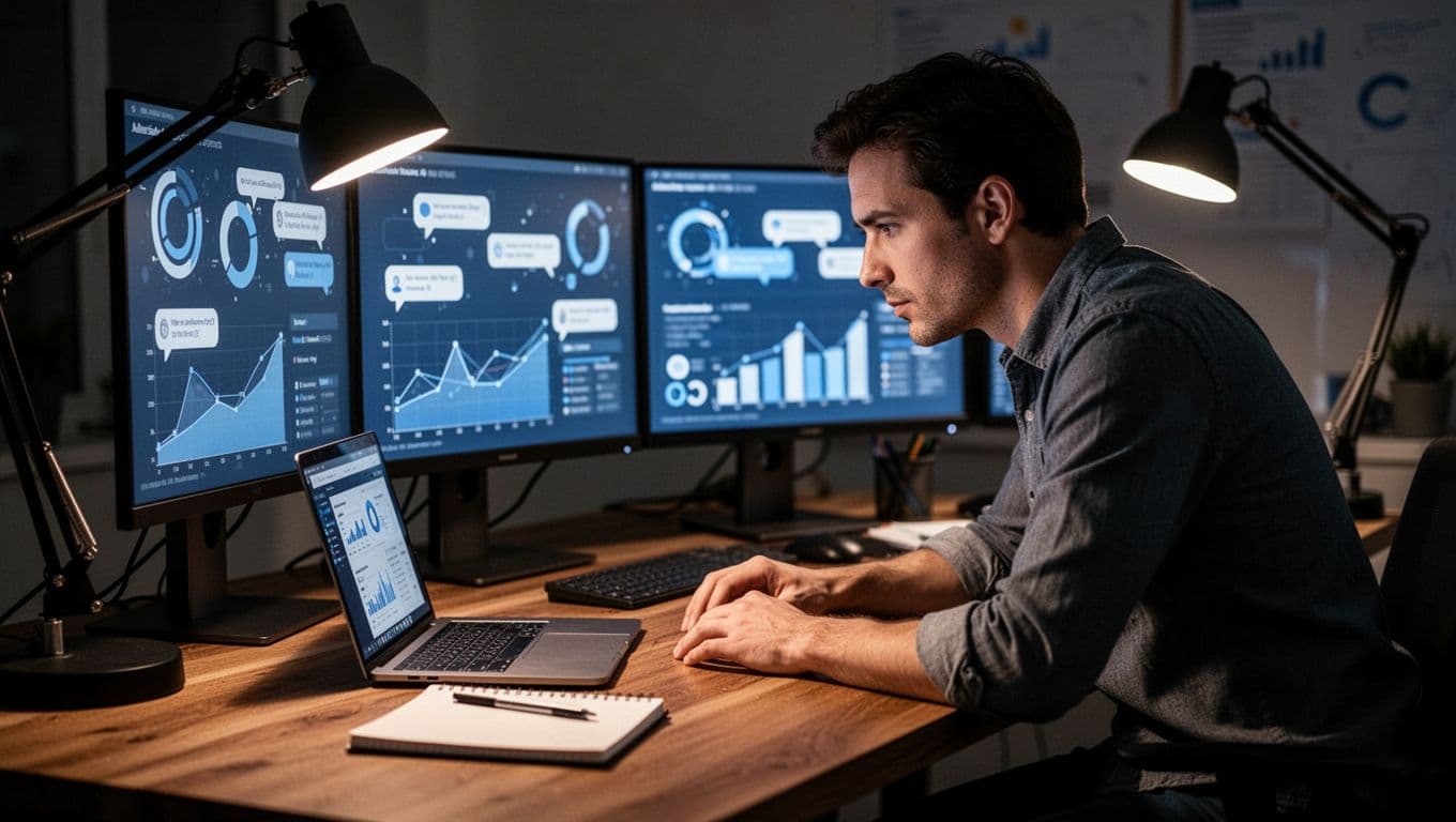 Dynamic scene of a marketer at a desk surrounded by screens displaying audience data charts and social comments, leaning forward thoughtfully analyzing insights in cinematic style.