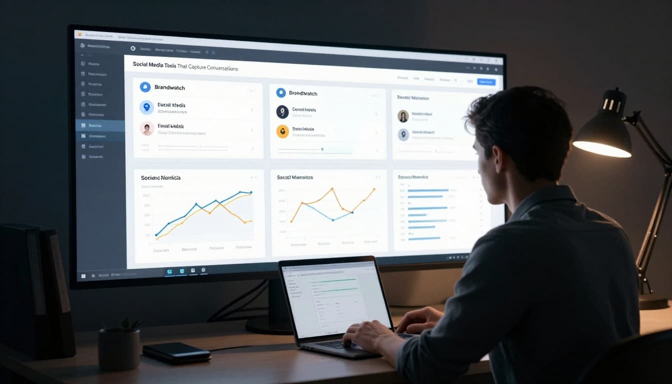 A lone marketer at a desk in a dimly lit modern office intently analyzes a large screen dashboard displaying social media mentions and sentiment graphs from Brandwatch, illuminated by dramatic desk lamp lighting in muted blue and orange tones.