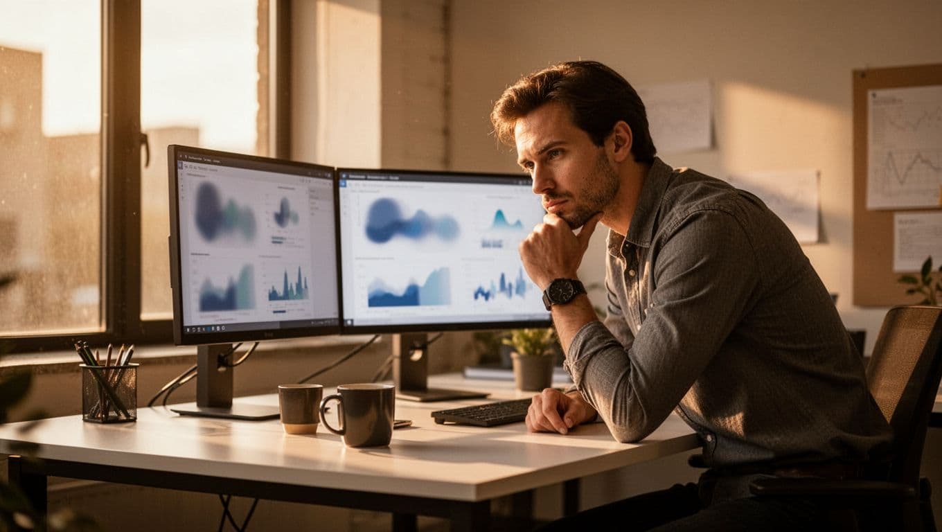 Marketer at modern office desk with dual monitors displaying blurred charts of bounce rates, cart abandonment, and visitor segments, leaning thoughtfully with hand on chin and coffee mug nearby. Cinematic style with strong contrast, depth, dramatic window lighting, and warm tones.