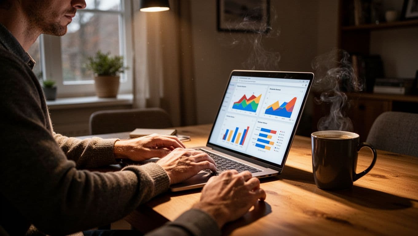 A single marketer in a cozy home workspace builds a buyer persona on an angled laptop screen showing charts, with relaxed hands on the desk and a coffee mug nearby, in cinematic style with strong contrast and dramatic lighting.