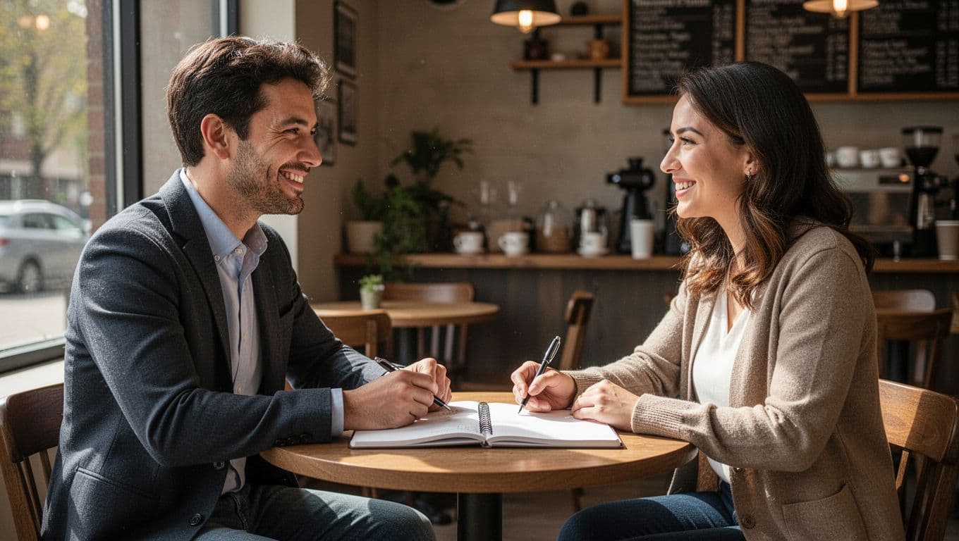 A marketer and customer sit across from each other in a cozy coffee shop, engaged in a smiling conversation during an interview with an open notebook and pen, illuminated by natural window light for cinematic depth and contrast.