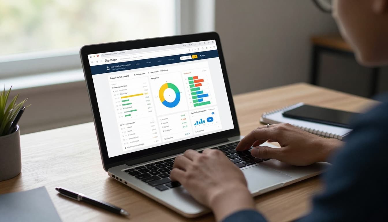 One professional at a desk in a modern home office with an open laptop displaying a website analytics dashboard featuring colorful charts for traffic trends, pageviews, and engagement metrics, accompanied by a notebook and pen, illuminated by natural daylight in cinematic style.