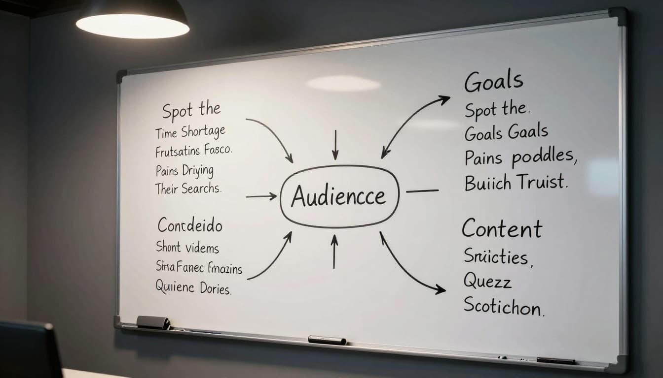Modern office whiteboard displaying a mind map with central audience pains like time shortage and frustration, branching to goals such as solving problems and building trust, extending to content ideas including short videos, quizzes, and stories, with a single dry erase marker nearby under soft cinematic lighting.