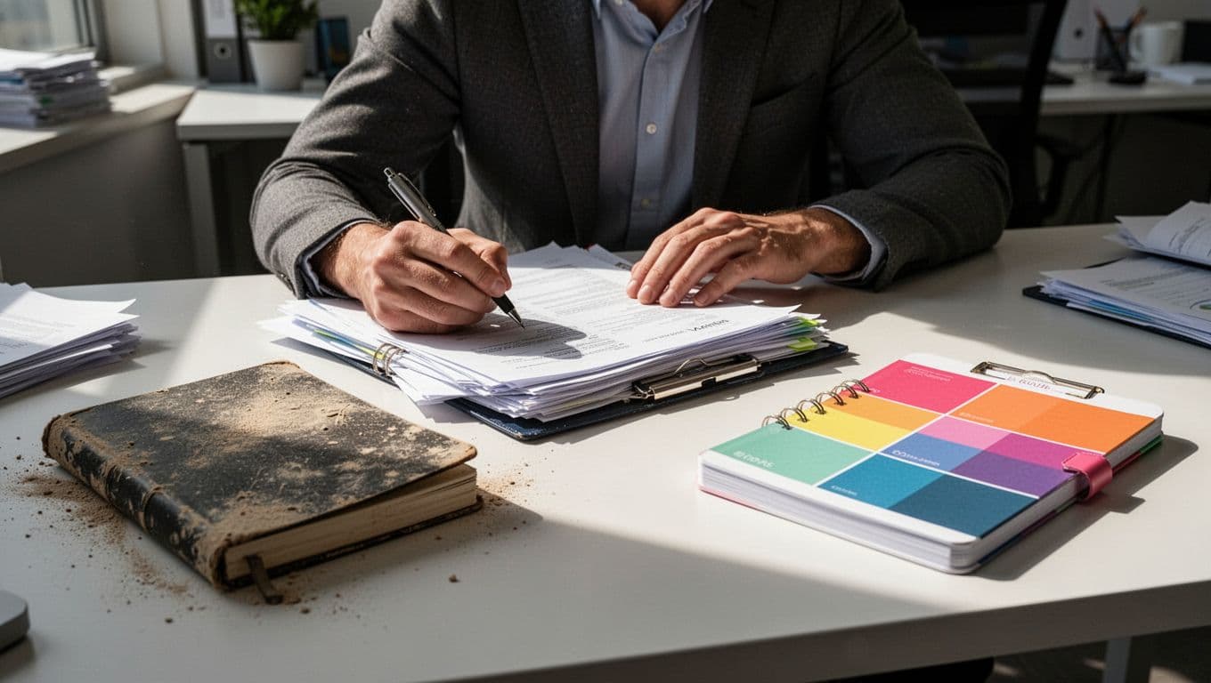 Split scene contrasts faded dusty notebook with outdated demographics on left against vibrant modern calendar with fresh research icons on right; marketer updates files in well-lit office, cinematic style with strong contrast.