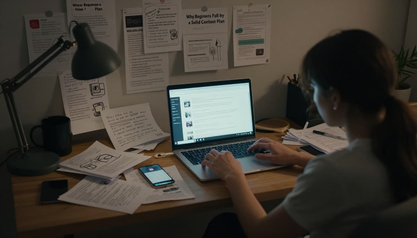 Young adult creator overwhelmed at a cluttered desk with scattered random social media ideas like fitness tips and tech gadgets, chaotic laptop feeds, phone nearby, in a dimly lit evening home office, wide cinematic composition focusing on confusion.
